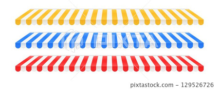Striped shop window tent set. Store awning pattern collection. Cafe or restaurant roof canopy pack. Red, yellow and blue stall market place cover. Colorful sunshade design template. Vector 129526726