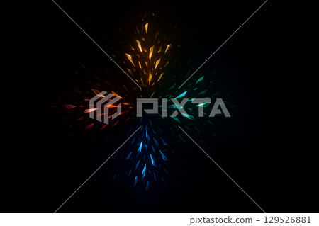 Abstract background of gold, emerald, sapphire and ruby light shards radiating in a cloverleaf shape in dark space 129526881