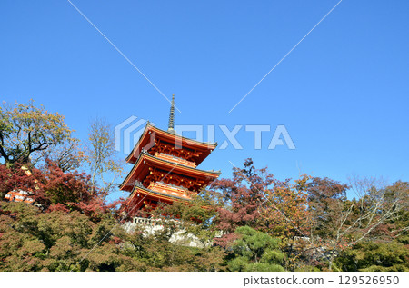 Autumn blue sky and the three-story pagoda of Kiyomizu-dera Temple 129526950