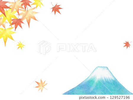 Watercolor illustration of Mt. Fuji and maple leaves 129527196