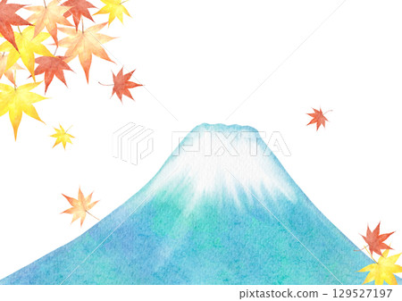 Watercolor illustration of Mt. Fuji and maple leaves 129527197