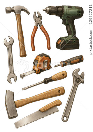 一組各種手繪工具、可用於 DIY 的手工工具插圖材料、逼真的工具藝術 129527211