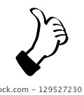 Black and white thumbs up hand gesture icon, simple and bold illustration symbolizing approval, agreement, success, and positive feedback, perfect for stickers, signs, or digital media use. 129527230