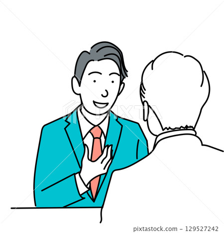 圖庫插圖: 一名穿著西裝的男子在商務會議或面試中自我介紹的向量圖 129527242