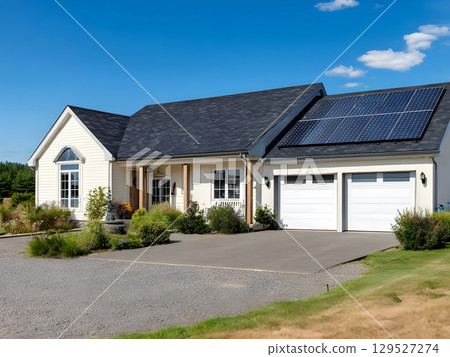Clean Modern House with Solar Panels on Roof in Sunny Day Sustainable Energy Concept 129527274