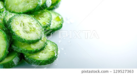 Fresh cucumber slices glisten with water droplets on bright surface, creating refreshing and crisp visual 129527363