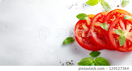 Fresh tomato slices with mint leaves on white surface create vibrant and appetizing display 129527364