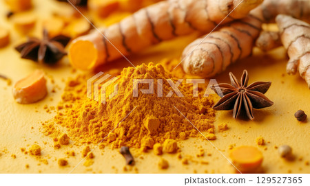 Vibrant arrangement of turmeric roots and turmeric powder with star anise on yellow background 129527365