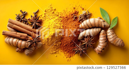 Vibrant arrangement of turmeric roots, turmeric powder, cinnamon sticks, and star anise on yellow background 129527366
