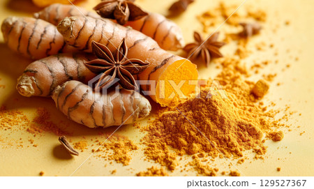 Vibrant arrangement of turmeric roots and turmeric powder with star anise on yellow background 129527367