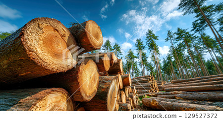 Felled trees neatly stacked in forest logging operation under clear blue sky 129527372