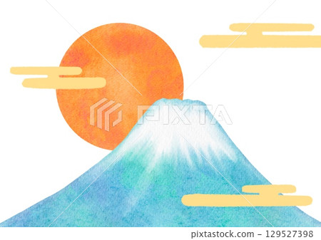富士山與太陽的水彩插圖 129527398