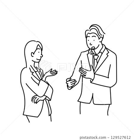 圖庫插圖: 商務談判和會議期間穿著西裝的男女交談的線條畫向量 129527612