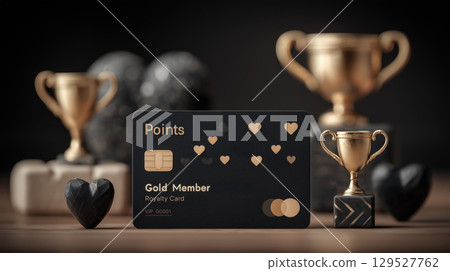 Gold membership card with heart symbols, representing loyalty and achievement, is displayed alongside golden trophies 129527762