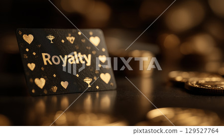 Black card with gold symbols and word Royalty surrounded by coins, symbolizing achievement and luxury Black card with gold symbols and word Royalty surrounded by coins, symbolizing achievement and luxury 129527764