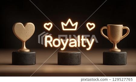 Golden heart and trophy on pedestals with glowing Royalty text and crown symbolizing achievement and love Golden heart and trophy on pedestals with glowing Royalty text and crown symbolizing achievement and love 129527765