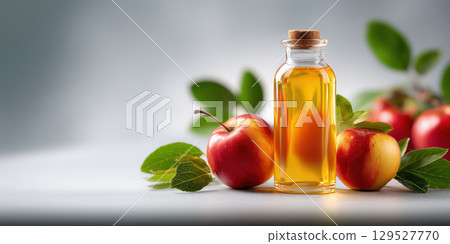 Glass bottle of golden apple cider sits among ripe apples and green leaves, creating fresh and inviting still life 129527770