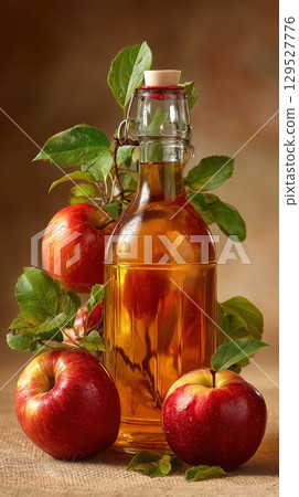 Glass bottle of apple cider surrounded by ripe red apples and green leaves, creating rustic and inviting still life 129527776