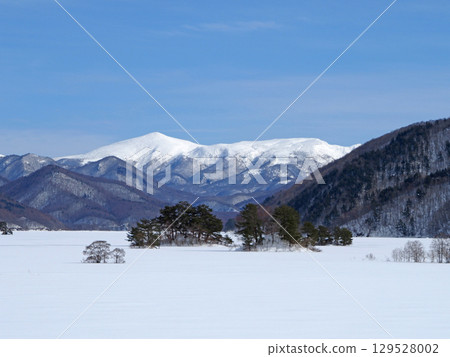 冬日的里磐梯秋元湖。白雪皚皚的原野上散落著參天的樹木,白雪皚皚的三之輪山在藍天的映襯下格外美麗。 冬日的里磐梯秋元湖。白雪皚皚的原野上散落著參天的樹木,白雪皚皚的三之輪山在藍天的映襯下格外美麗。 129528002