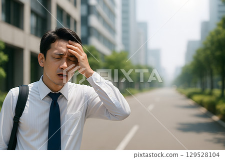 商人中暑。日本男子在城市烈日下頭痛 129528104