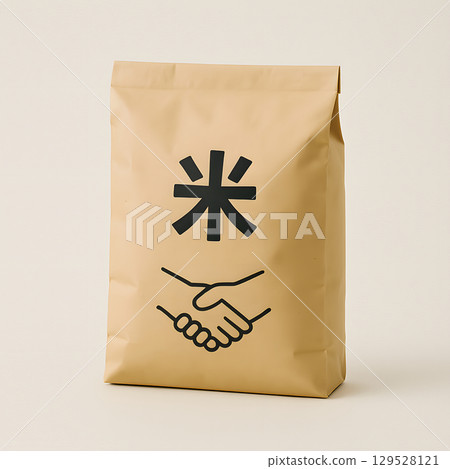 米袋牛皮紙包裝和握手圖標 捐贈、食物銀行、公平貿易概念、複製空間 米袋牛皮紙包裝和握手圖標 捐贈、食物銀行、公平貿易概念、複製空間 129528121