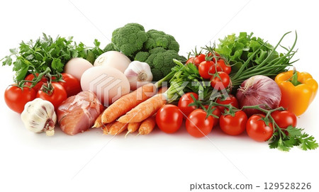 Fresh and Colorful Assortment of Healthy Vegetables and Eggs 129528226
