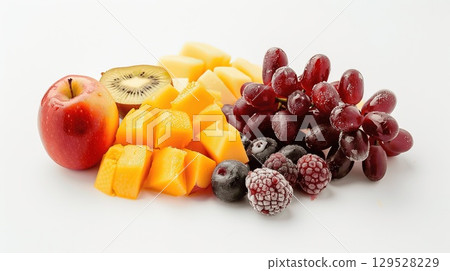 Colorful Fresh Fruit Arrangement on a White Background for Healthy Living Colorful Fresh Fruit Arrangement on a White Background for Healthy Living 129528229