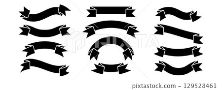 Black ribbon banner collection. Vintage wavy dark label tag element bundle for graphic design template. Bent and curved ribbons set for emblem, sticker, advertising, poster, promotion, frame. Vector 129528461