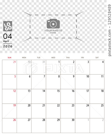 April 2026 Calendar. Week start on Sunday. Desk calendar 2026 design, simple and clean design, Wall calendar for print, digital calendar, Corporate design planner template vector. April 2026 Calendar. Week start on Sunday. Desk calendar 2026 design, simple and clean design, Wall calendar for print, digital calendar, Corporate design planner template vector. 129528489