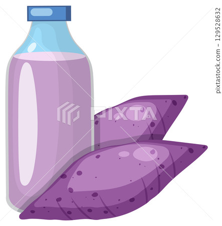Purple Sweet Potato Milk Bottle and Tubers Illustration Purple Sweet Potato Milk Bottle and Tubers Illustration 129528632
