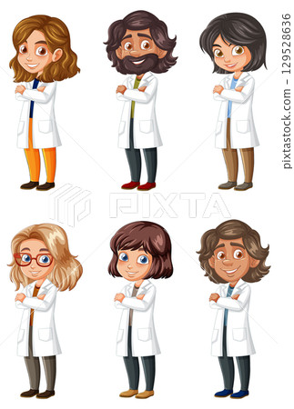Diverse Cartoon Scientists in White Lab Coats Standing 129528636