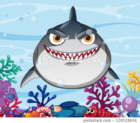 Smiling Shark in Colorful Coral Reef 129528638