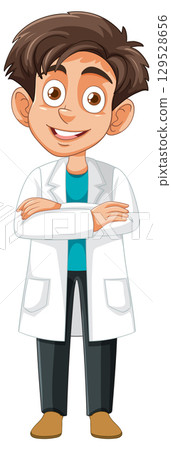 Smiling Young Scientist in Lab Coat Standing Confidently 129528656