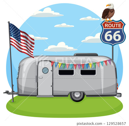 Retro Camper Trailer on Route 66 with American Flag 129528657