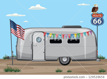 Retro Camper on Route 66 with American Flag 129528658