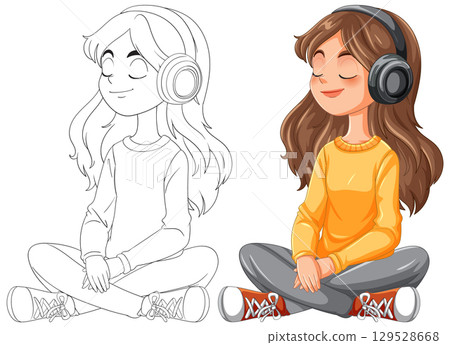 Girl Relaxing with Headphones Girl Relaxing with Headphones 129528668