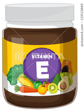 Vitamin E Supplement Jar with Fresh Vegetables and Fruits Vitamin E Supplement Jar with Fresh Vegetables and Fruits 129528669
