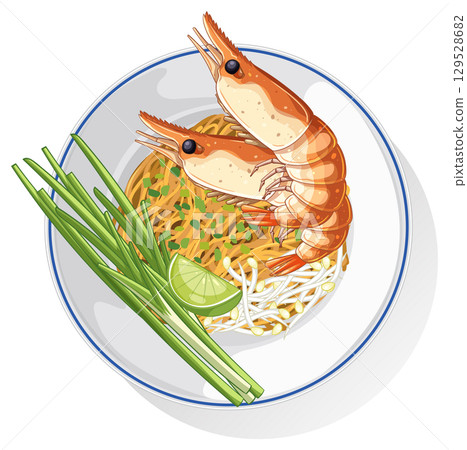 Thai Shrimp Noodle Bowl Vector Illustration 129528682