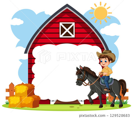 Happy Cowboy Riding Horse Near Barn 129528683