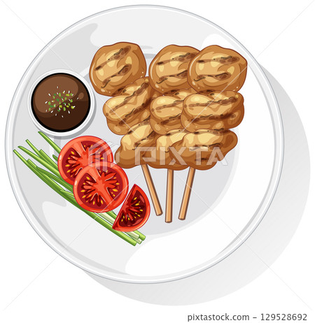 Asian Skewered Chicken with Fresh Vegetables 129528692