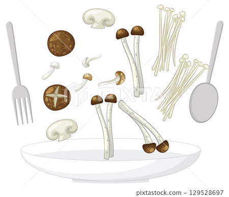 Assorted Mushrooms Falling Onto White Plate Illustration Assorted Mushrooms Falling Onto White Plate Illustration 129528697