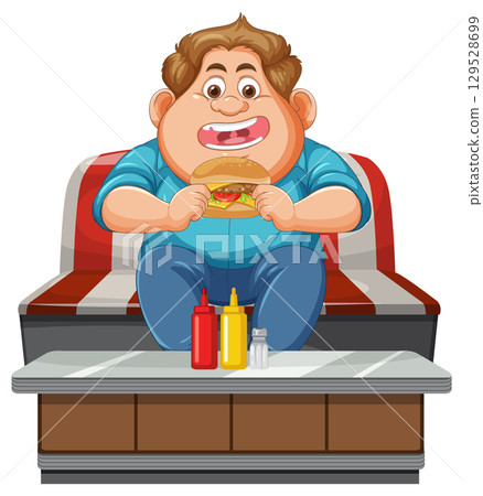 Cheerful Man Enjoying a Burger on Couch 129528699