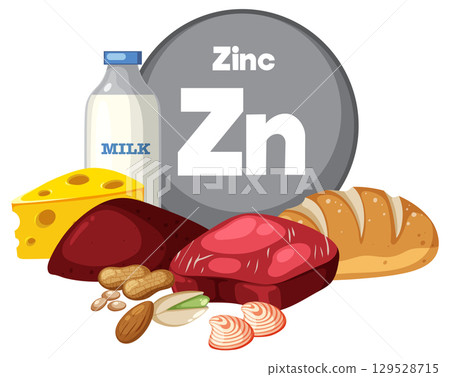 Zinc-Rich Foods Vector With Dairy, Meat, and Bread Zinc-Rich Foods Vector With Dairy, Meat, and Bread 129528715
