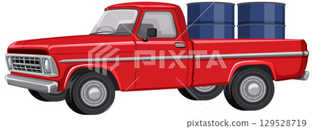 Vintage Red Pickup Truck with Blue Barrels Vintage Red Pickup Truck with Blue Barrels 129528719