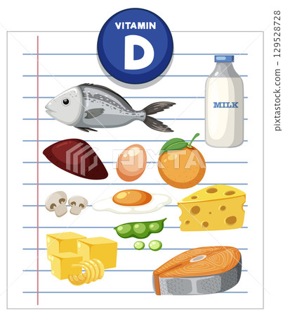 Vitamin D Rich Foods Vector Illustration on Lined Paper Vitamin D Rich Foods Vector Illustration on Lined Paper 129528728