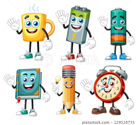 Cheerful Cartoon Objects with Faces and Limbs Cheerful Cartoon Objects with Faces and Limbs 129528735