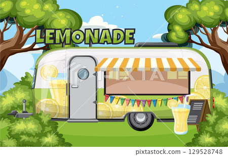 Retro Lemonade Stand Trailer in Sunny Park Setting 129528748