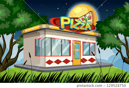 Cartoon Pizza Restaurant Exterior at Night with Moon 129528750