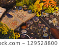 Mystic still life with open magic book of spells, flowers, crystals, black candles and witchy ritual objects on old table. Occult, esoteric, gothic and wicca concept Mystic still life with open magic book of spells, flowers, crystals, black candles and witchy ritual objects on old table. Occult, esoteric, gothic and wicca concept 129528800