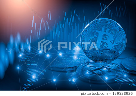 Modern way of exchange. Bitcoin is convenient payment in global economy market. Virtual digital currency and financial investment trade concept. Abstract cryptocurrency with gold bitcoin background. 129528926